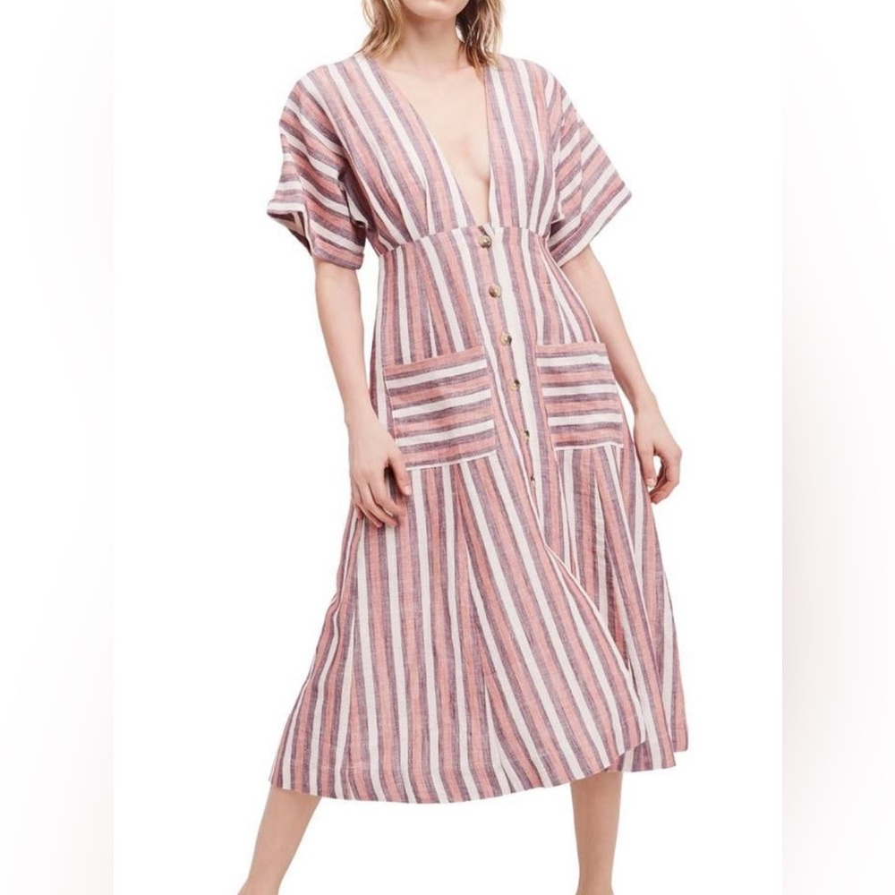 Free People • Monday Striped Linen Blend Midi Dress • XS